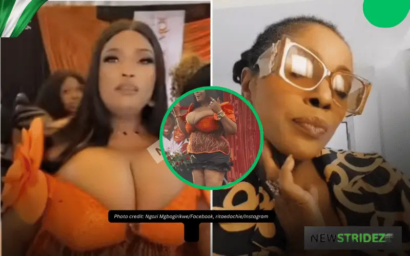 Rita Edochie Reacts to Revealing Outfit at Ruby Ojiakor’s Wedding. Pgoto Credits: Ngozi Mgbogirikwe-Facebook, ritiaedochie-Instagram