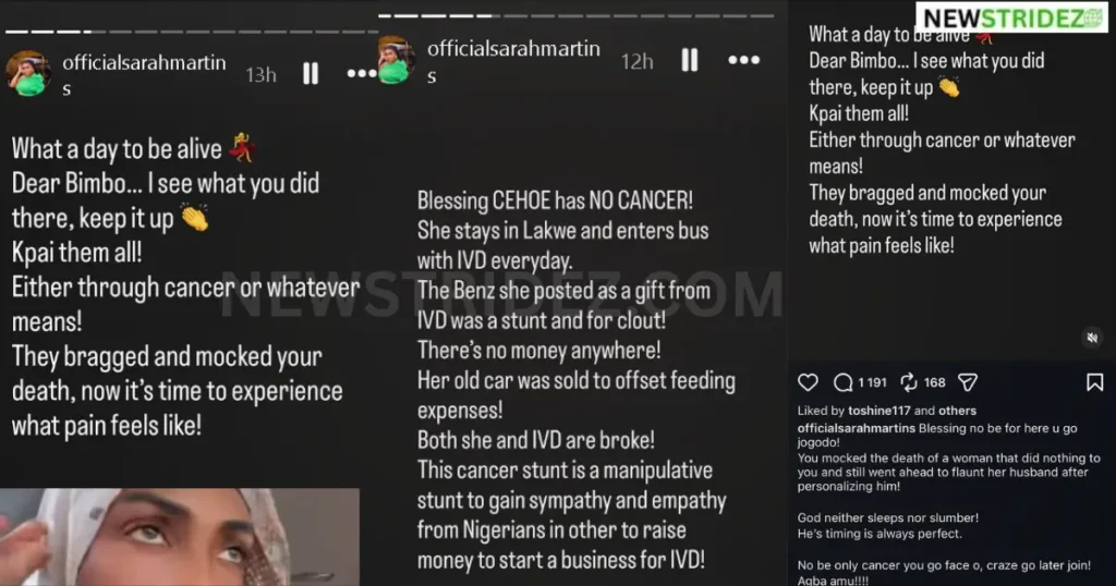 “She and IVD Are Broke” — Sarah Martins Calls Out Blessing CEO Over ‘Cancer Stunt’-Credit: officialsarahmartins officialbblessingceo Source: Instagram
