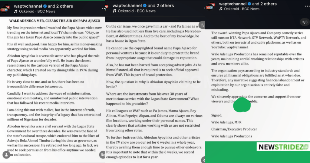 Papa Ajasco: Wale Adenuga Fires Back at Actor-Credit: waptvchannel Source: Instagram