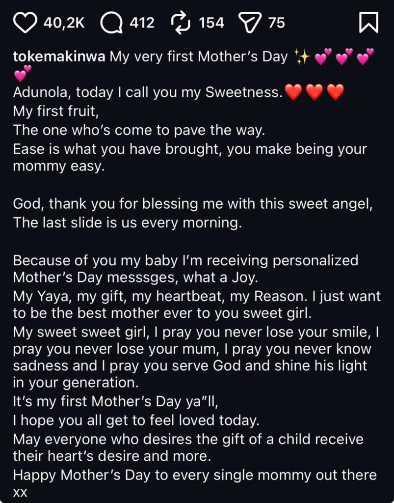 “I AM A TESTIMONY THAT GOD’S PROMISES WILL COME TO PASS” — TOKE MAKINWA CELEBRATES HER FIRST MOTHER’S DAY-Credit:tokemakinwa source: Instagram