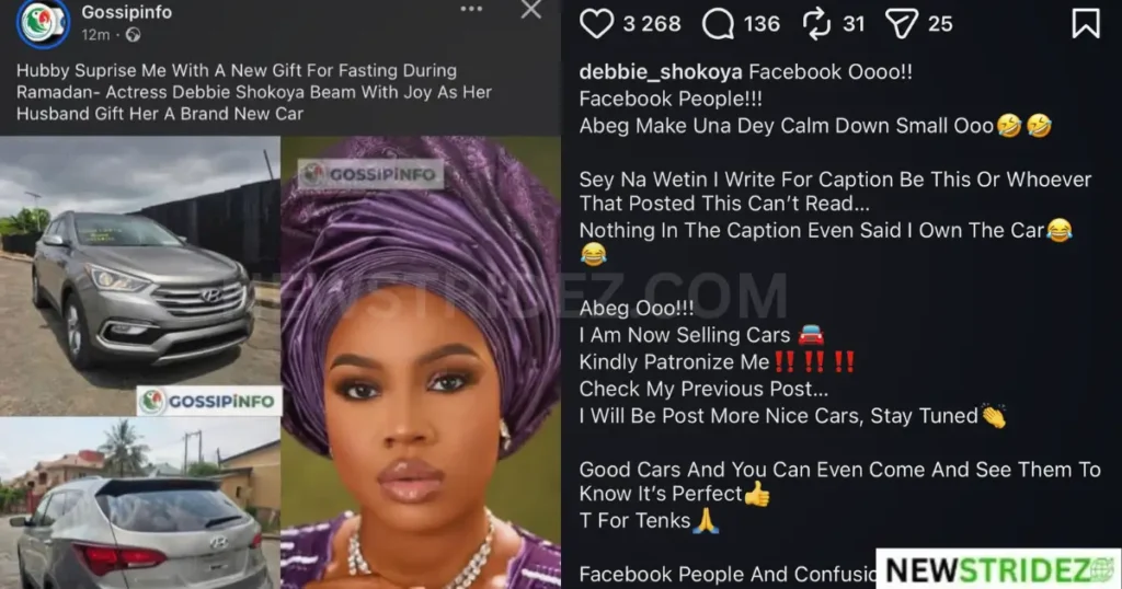 “NA ME BUY AM” — Actress Debbie Shokoya reacts after blogs claim husband bought her new car-Credit: debbie_shokoya source: Instagram