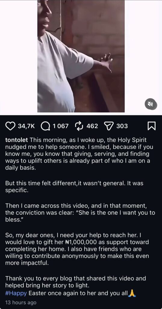 Uncompleted House: Celebs Gift Woman ₦2m-Credit: tontolet source: Instagram