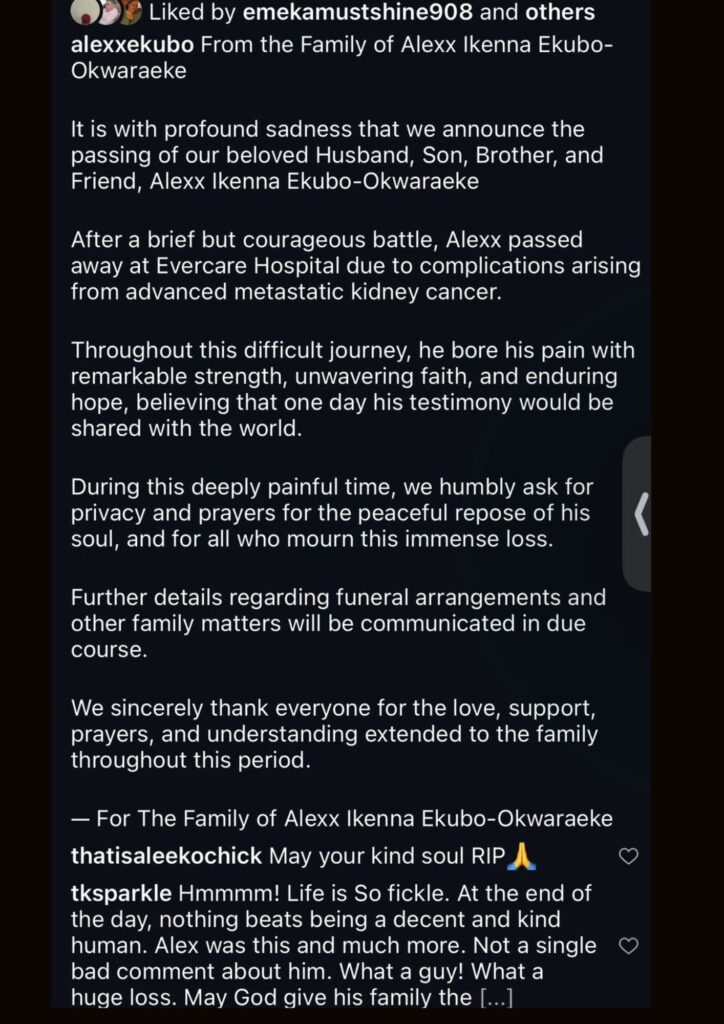 Alex Ekubo's family statement following his passing-Credit: Alex Ekubo(Instagram)