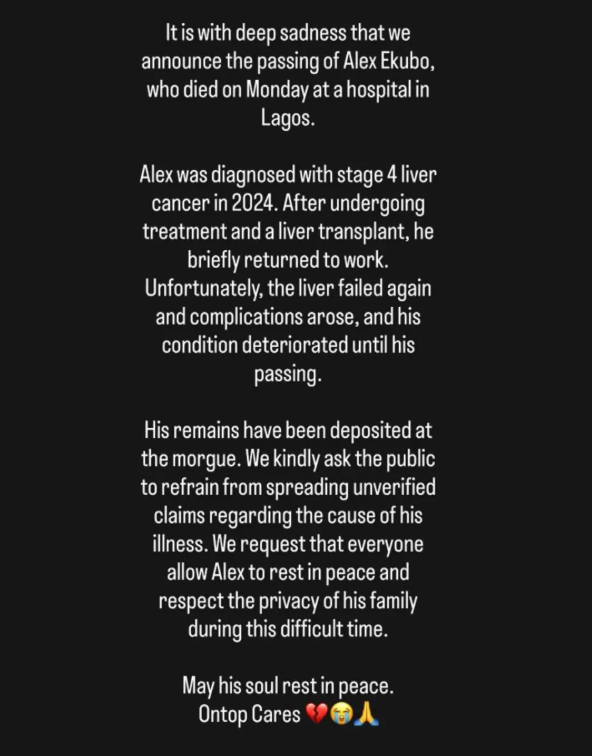 Alex Ekubor's alleged cause of death by Stanley Ontop. Source - IG