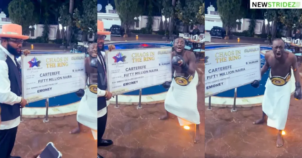 “He really meant it” — Carter Efe receives ₦50 million cash gift from E-Money after defeating Portable-Credits: e-money, Kcee and Carter Efe